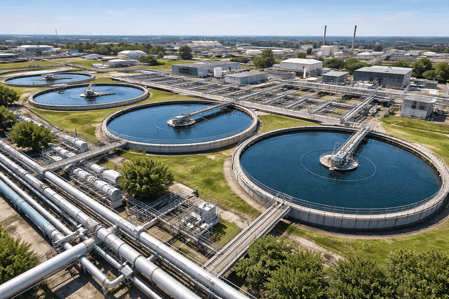 Vista aérea de estação de tratamento de água com tanques circulares de decantação