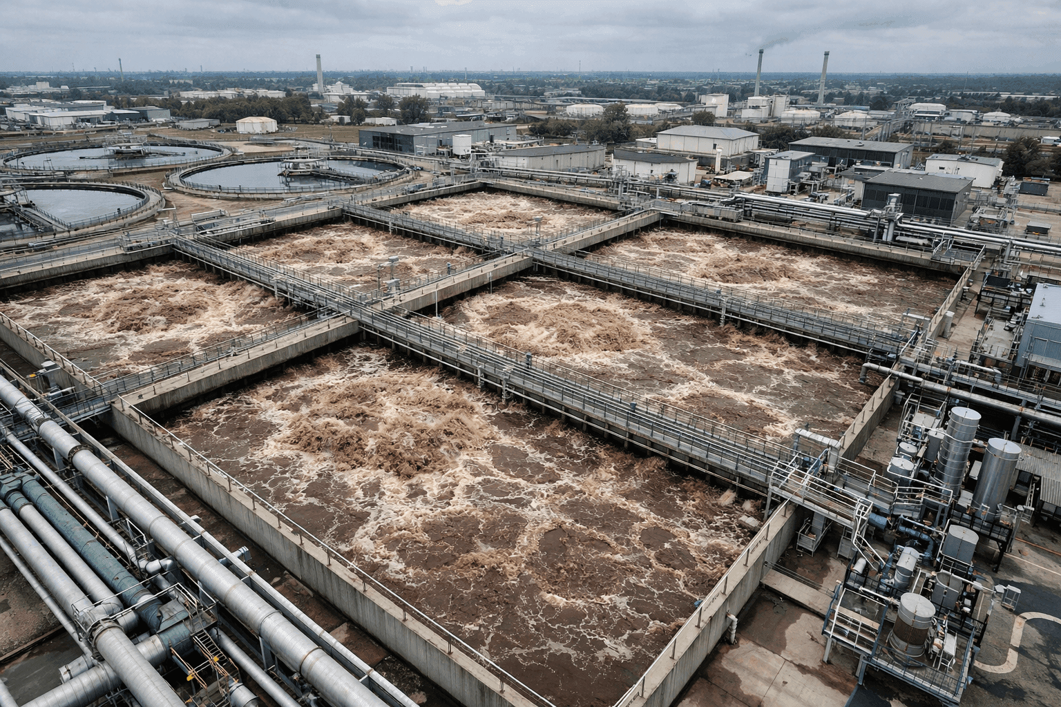 Vista aérea de estação de tratamento de efluentes com tanques de aeração