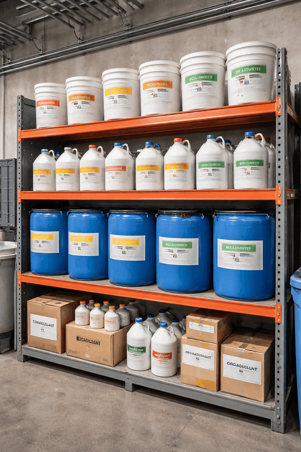 Produtos químicos para tratamento de água organizados em prateleira industrial